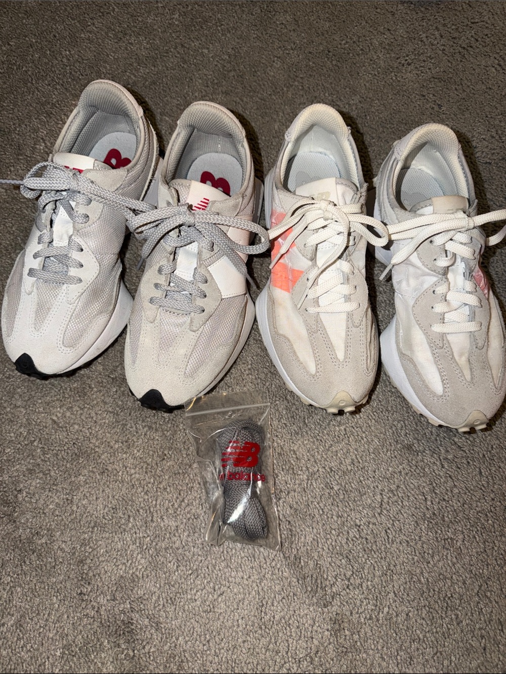 New Balance 327 sneakers lot of 2! Size 5.5 boys, 7 female w/extra laces gray wh - Picture 1 of 15